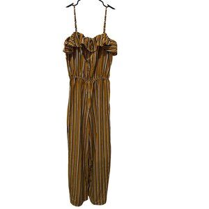 Yellow & Black Striped Jumpsuit With Ruffle Neckline & Adjustable Straps